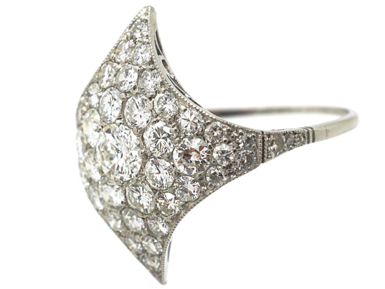 Art Deco Platinum Curved Diamond-Shaped Cluster Ring