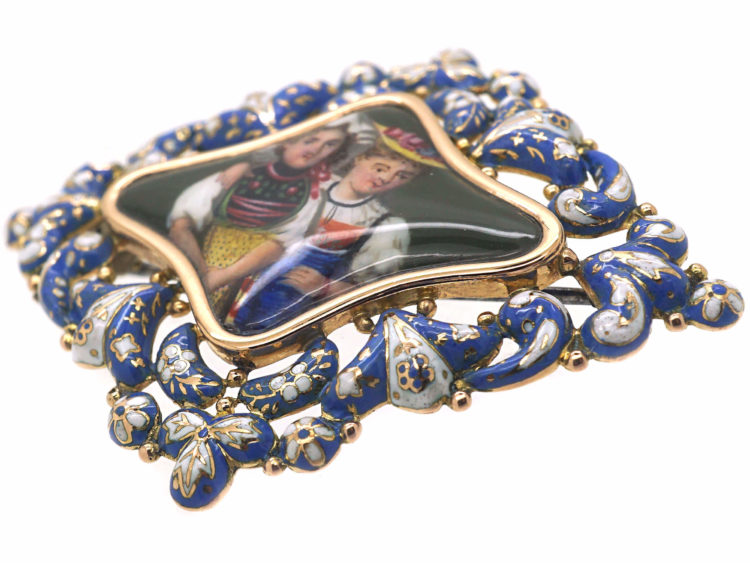 Early 19th Century 15ct Gold Swiss Enamel Brooch of Two Swiss Girls in Traditional Costume