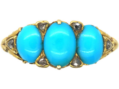 Victorian 18ct Gold Three Stone Turquoise & Rose diamond Ring