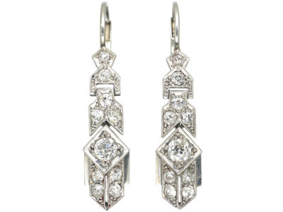 Art Deco Geometric Platinum & Diamond Drop Earrings Art Deco Geometric Platinum & Diamond Drop Earrings