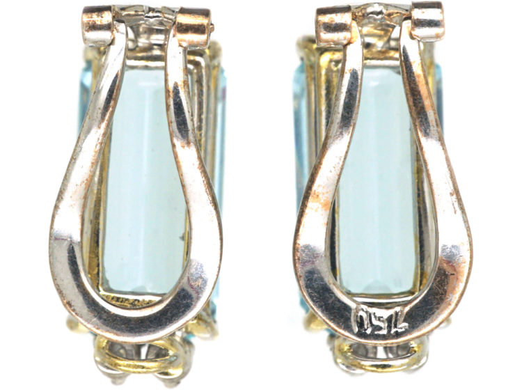 18ct White Gold Aquamarine & Diamond Rectangular Shaped Clip On Earrings
