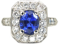 French Art Deco Platinum, Sapphire & Diamond Rectangular Shaped Ring