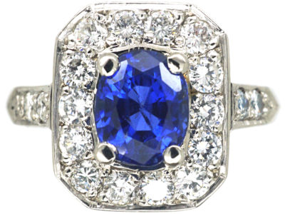 French Art Deco Platinum, Sapphire & Diamond Rectangular Shaped Ring