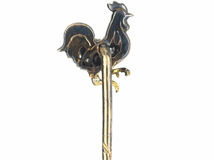 Edwardian 15ct Gold & Silver Enamel & Rose Diamond Cockerel Tie Pin