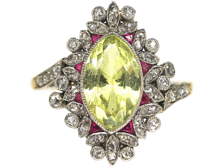 Edwardian 18ct Gold & Platinum, Chrysolite, Diamond & Ruby Ring