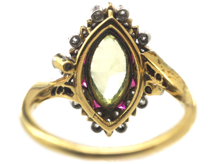 Edwardian 18ct Gold & Platinum, Chrysolite, Diamond & Ruby Ring