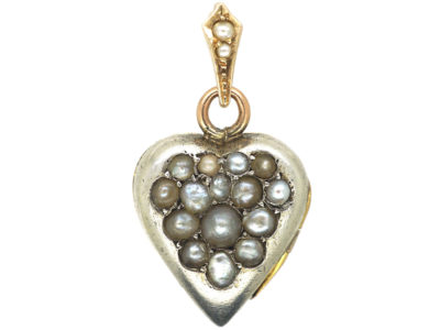 Edwardian 15ct White & Yellow Gold Heart Shaped Locket Set with Natural Split Pearls in a Grape Design