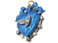 Edwardian 15ct Gold Blue Enamel, Natural Pearls & Diamond Heart Shaped Pendant with Bow Top