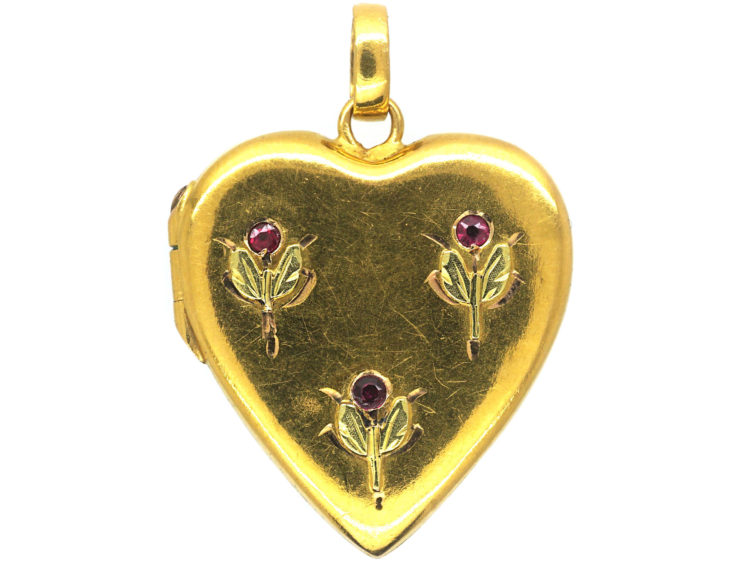 French Belle Epoque Two Colour 18ct Gold Heart Shaped Locket set with Rubies