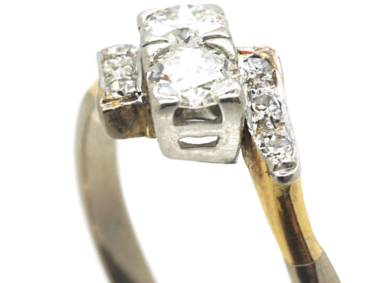 Art Deco 18ct White Gold Two Stone Crossover Ring