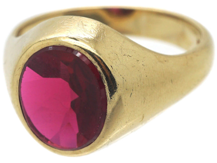 Large 9ct Gold & Synthetic Red Stone Signet Ring