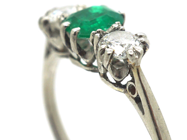 Art Deco Platinum, Emerald & Diamond Three Stone Ring