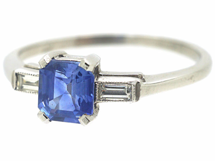 Platinum, Rectangular Sapphire & Baguette Diamond Ring