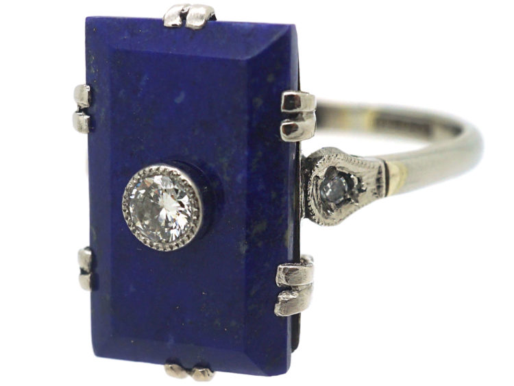 Art Deco 18ct White Gold & Platinum, Lapis Lazuli & Diamond Rectangular Shaped Ring