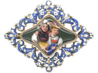 Early 19th Century 15ct Gold Swiss Enamel Brooch of Two Swiss Girls in Traditional Costume