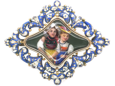Early 19th Century 15ct Gold Swiss Enamel Brooch of Two Swiss Girls in Traditional Costume Early 19th Century 15ct Gold Swiss Enamel Brooch of Two Swiss Girls in Traditional Costume