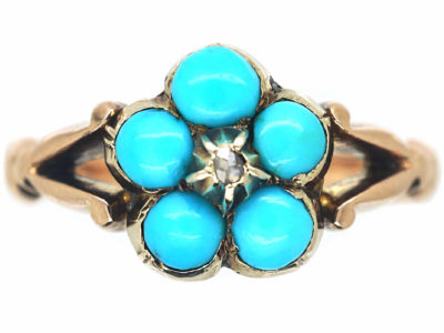 Victorian 9ct Gold Forget Me Not Flower Ring set with Turquoise & a Rose Diamond