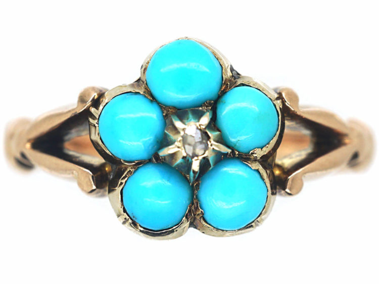 Victorian 9ct Gold Forget Me Not Flower Ring set with Turquoise & a Rose Diamond
