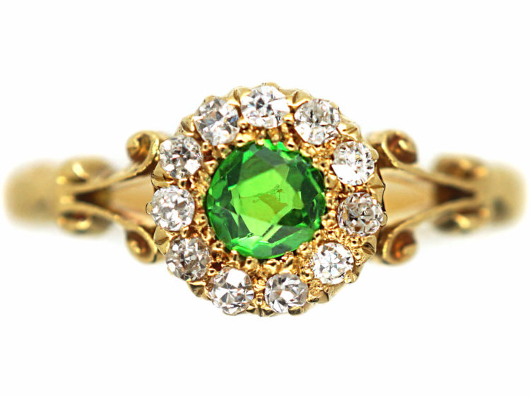 Edwardian 18ct Gold, Green Garnet & Diamond Cluster Ring