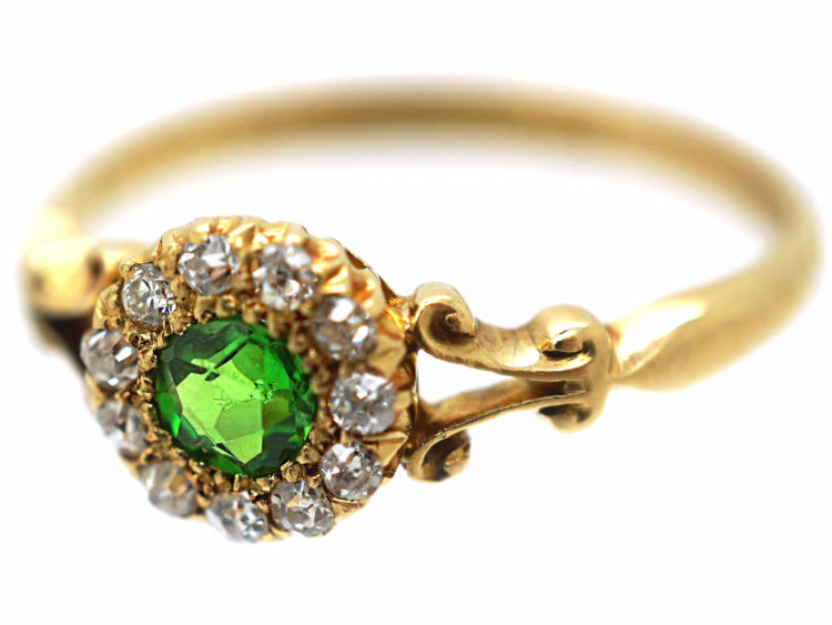 Edwardian 18ct Gold, Green Garnet & Diamond Cluster Ring