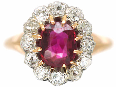 Edwardian 14ct Gold & Platinum, Ruby & Diamond Oval Cluster Ring