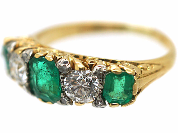 Victorian 18ct Gold, Emerald & Diamond Carved Half Hoop Ring