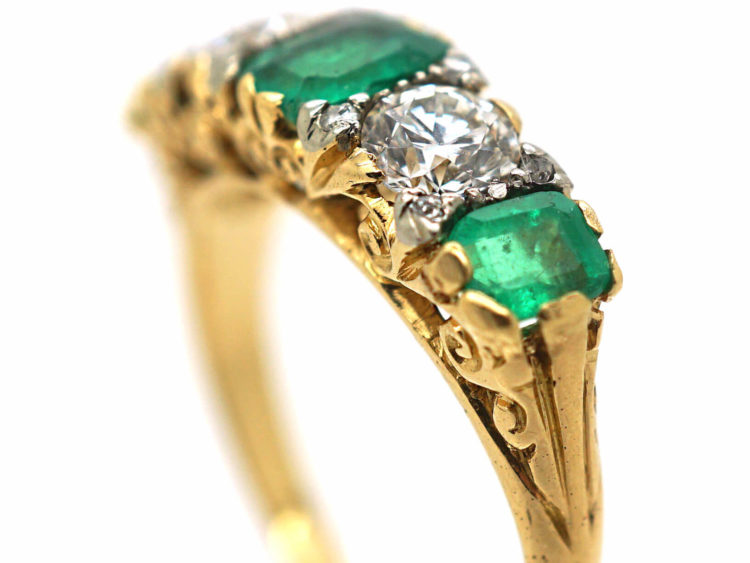 Victorian 18ct Gold, Emerald & Diamond Carved Half Hoop Ring