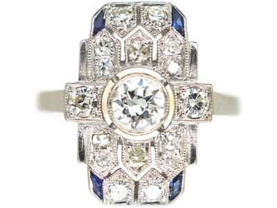Art Deco Platinum, Diamond & Sapphire Rectangular Geometric Ring