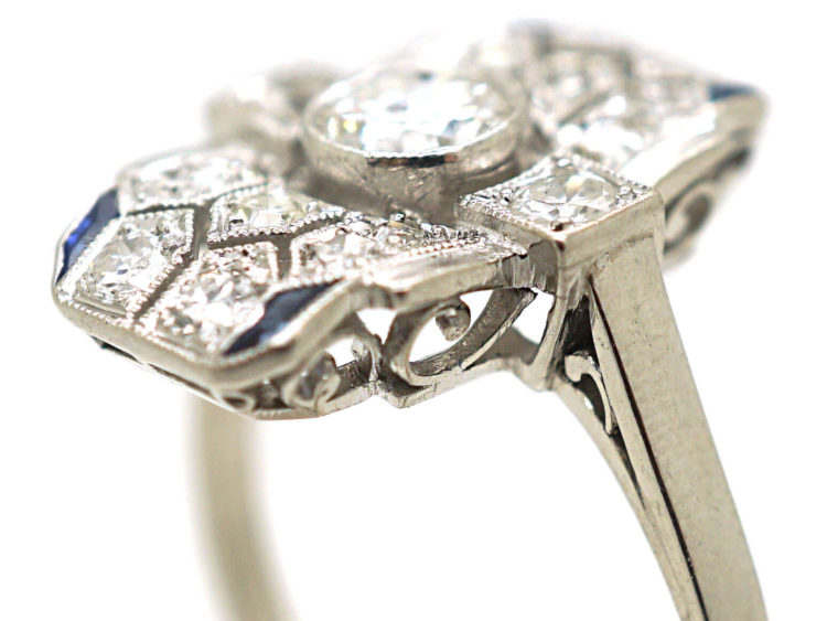Art Deco Platinum, Diamond & Sapphire Rectangular Geometric Ring