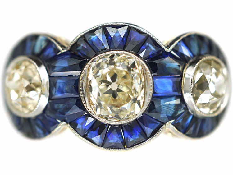 Art Deco 18ct Gold, Sapphire & Diamond Triple Cluster Ring