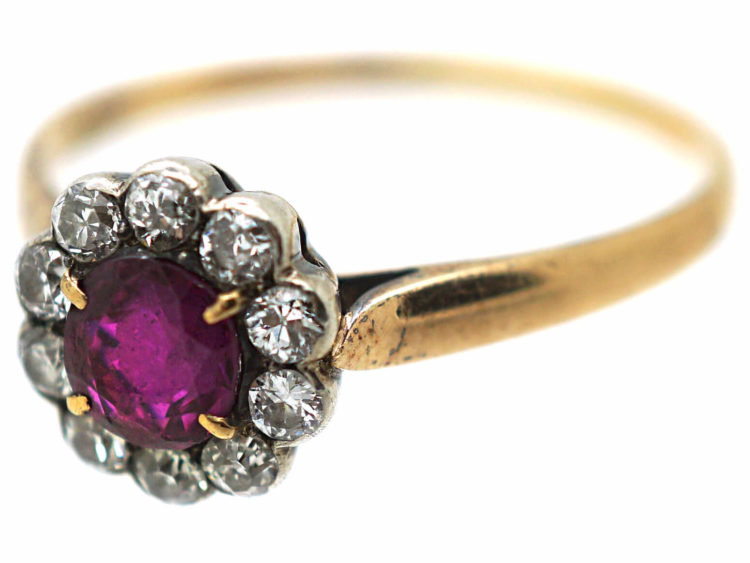 Edwardian 18ct Gold & Platinum, Ruby & Diamond Cluster Ring