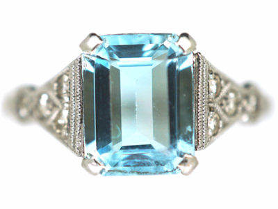 Art Deco 18ct White Gold & Platinum, Aquamarine & Diamond Ring