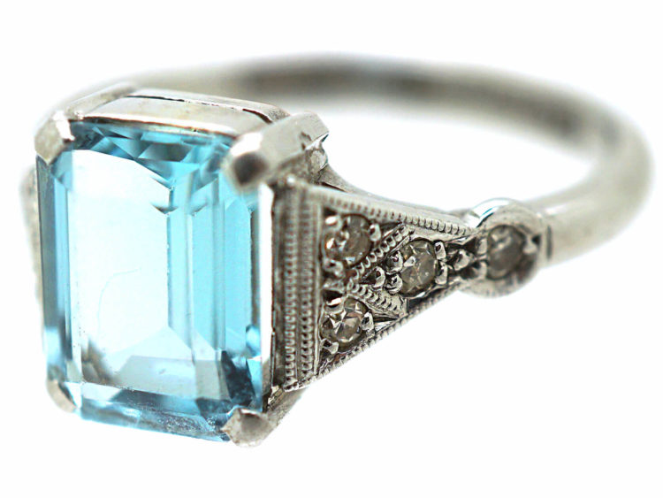 Art Deco 18ct White Gold & Platinum, Aquamarine & Diamond Ring