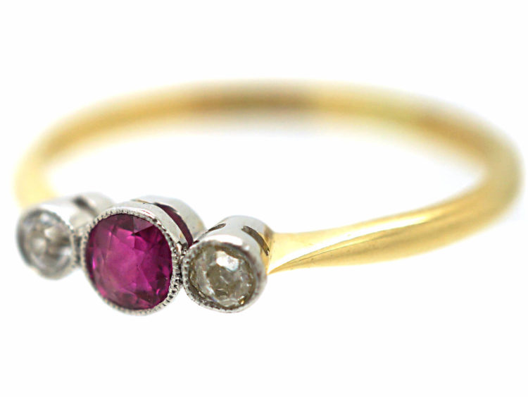 Edwardian 18ct Gold, Ruby & Diamond Three Stone Ring