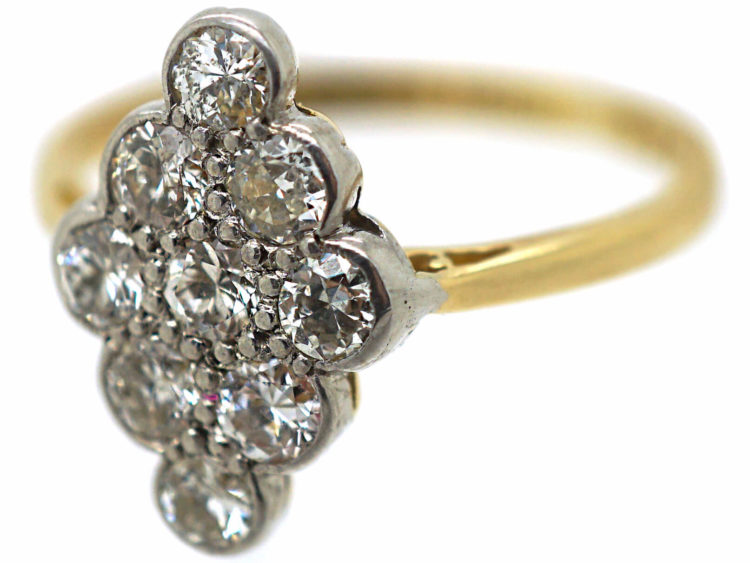 Edwardian 18ct Gold & Platinum, Diamond Shaped Cluster Ring set with Diamonds