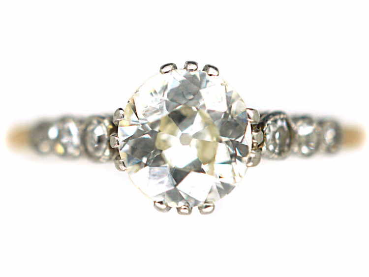 Art Deco 18ct Gold & Platinum, Diamond Solitaire Ring with Diamond Set Shoulders