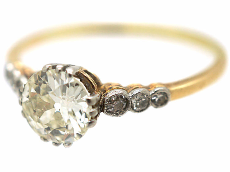Art Deco 18ct Gold & Platinum, Diamond Solitaire Ring with Diamond Set Shoulders