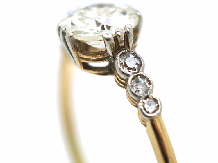 Art Deco 18ct Gold & Platinum, Diamond Solitaire Ring with Diamond Set Shoulders