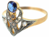 Art Nouveau 18ct Gold & Platinum, Sapphire & Rose Diamonds Ring
