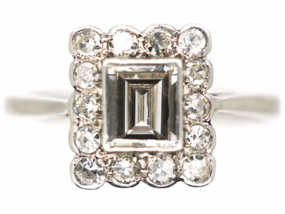 Art Deco Platinum & Diamond Rectangular Ring with Emerald Cut Central Diamond