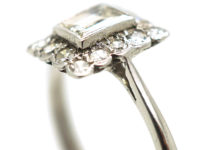 Art Deco Platinum & Diamond Rectangular Ring with Emerald Cut Central Diamond