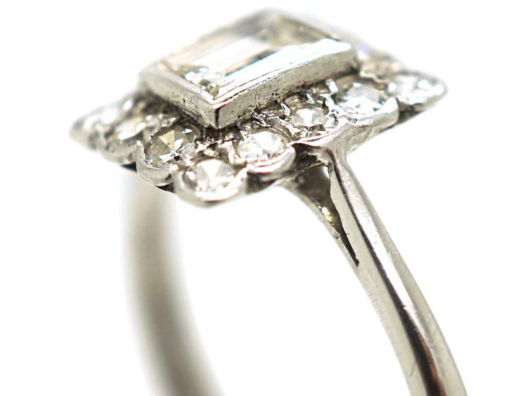 Art Deco Platinum & Diamond Rectangular Ring with Emerald Cut Central Diamond