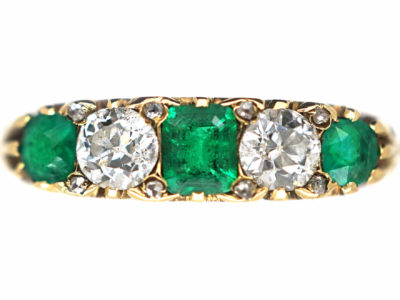 Victorian 18ct Gold, Emerald & Diamond Five Stone Carved Half Hoop Ring