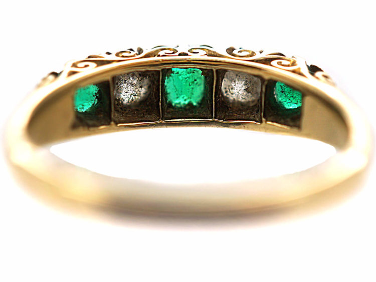 Victorian 18ct Gold, Emerald & Diamond Five Stone Carved Half Hoop Ring