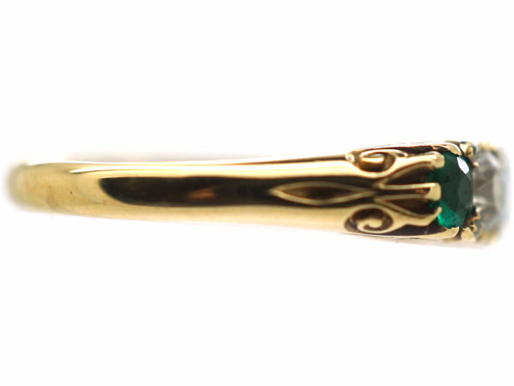 Victorian 18ct Gold, Emerald & Diamond Five Stone Carved Half Hoop Ring