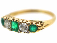 Victorian 18ct Gold, Emerald & Diamond Five Stone Carved Half Hoop Ring