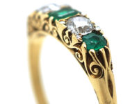 Victorian 18ct Gold, Emerald & Diamond Five Stone Carved Half Hoop Ring