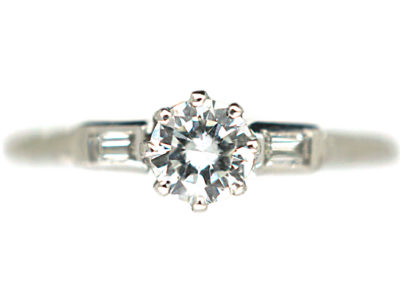 Art Deco 18ct White Gold & Platinum Solitaire Diamond Ring with Baguette Diamond Shoulders