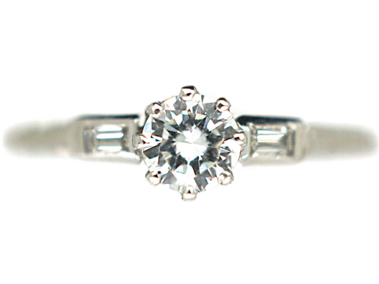 Art Deco 18ct White Gold & Platinum Solitaire Diamond Ring with Baguette Diamond Shoulders