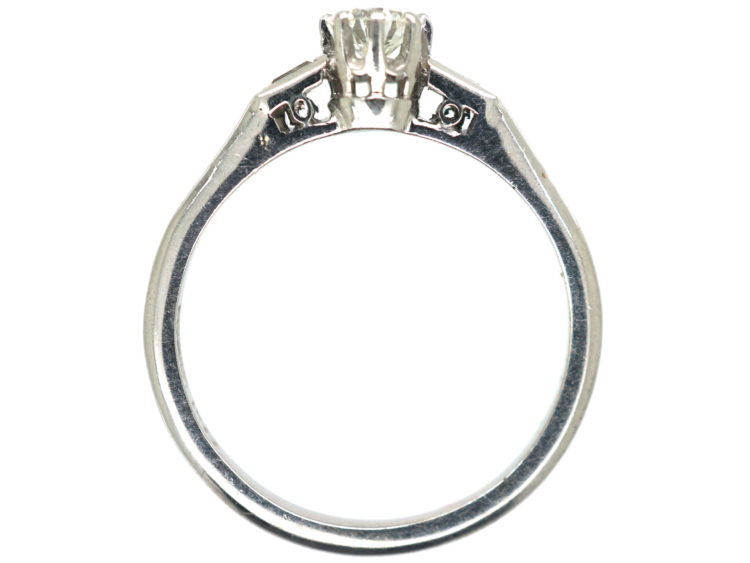 Art Deco 18ct White Gold & Platinum Solitaire Diamond Ring with Baguette Diamond Shoulders